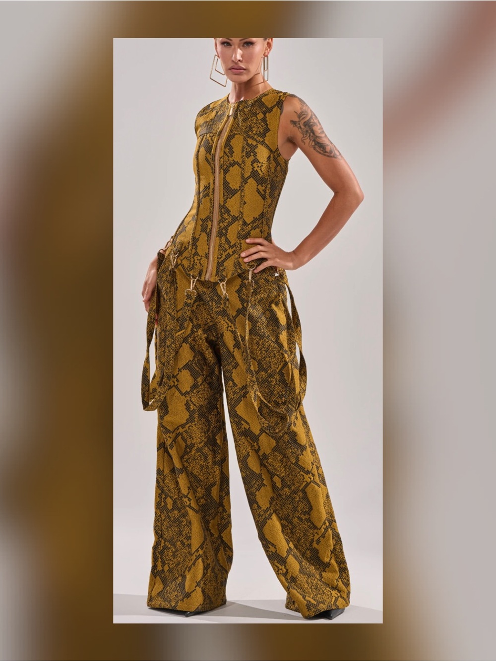 AKIRA Mustard Snake-Print Sleeveless Zip-Front Trouser